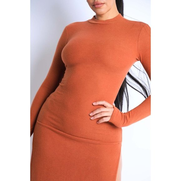 Dresses & Skirts - Women's Hacci Mock Neck Long Sleeves Double Slits Maxi Dress Rust S M L